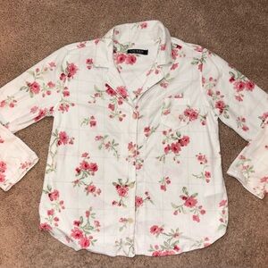 Lauren Ralph Lauren Floral Pajama Top Womens Large Pink Rose Button Up